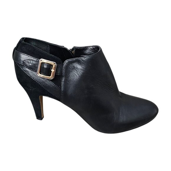 Vince Camuto Vayda Leather & Suede Buckle Black Bootie Heel Ankle Boot - Picture 3 of 13
